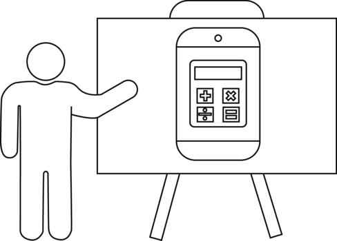 Illustration of a presenter pointing to a mobile calculator on a whiteboard with tripod legs vector