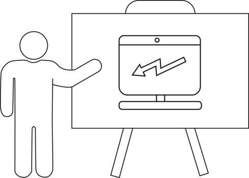 Graphic depicts a presenter beside a whiteboard displaying a monitor with a fluctuating arrow icon vector