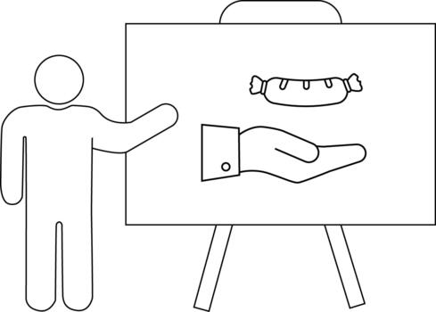 Presentation figure points to a board with a sausage over a hand vector