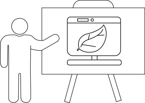 Person gesturing towards an easel with a screen displaying a leaf symbol vector