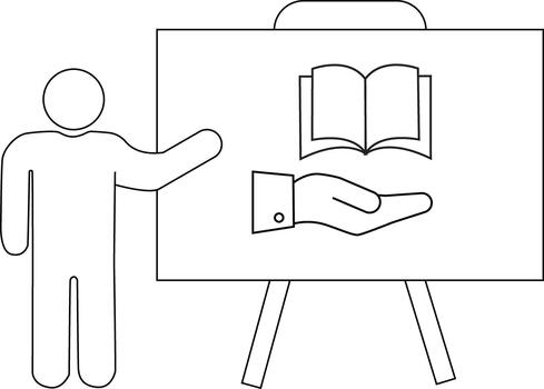 Drawing presenter points to easel with book above hand vector