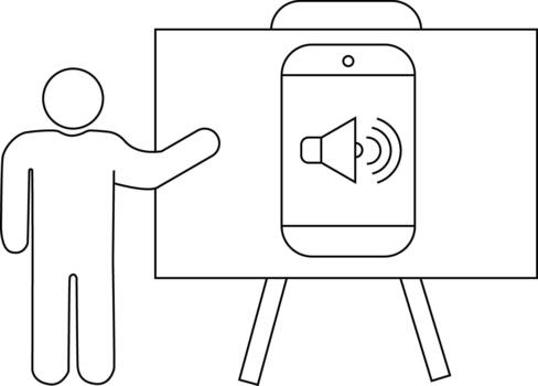 Man presenting cellphone with speaker graphic on screen vector
