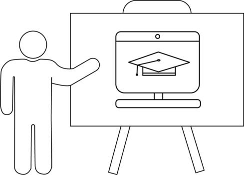 Outlined figure gestures to a whiteboard showing a graduation cap on a computer screen vector
