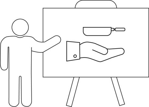 Presenter points to a hand holding frying pan on easel vector