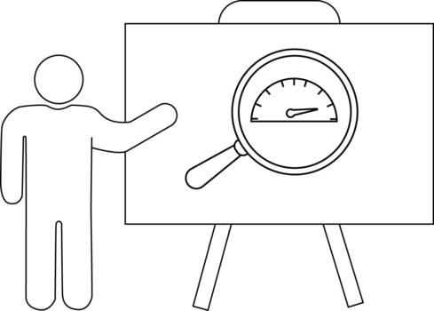 línea Arte muestra un presentador junto a un tablero mostrando un calibre debajo un aumentador vaso vector