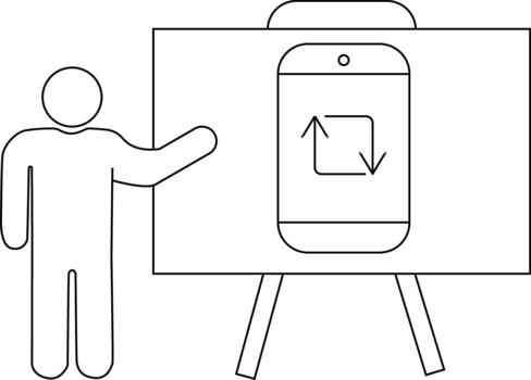 Man pointing to a whiteboard with a mobile phone and refresh arrows on it vector