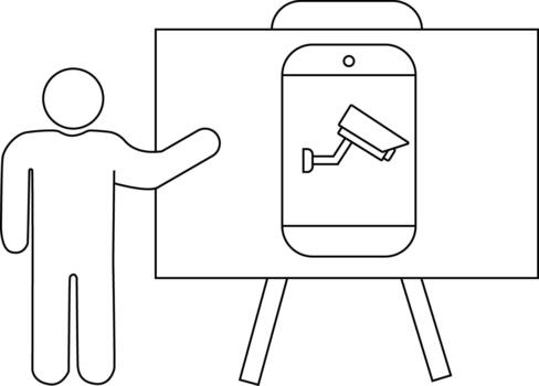 A person presents a whiteboard on which is shown a smartphone displaying a security camera symbol vector