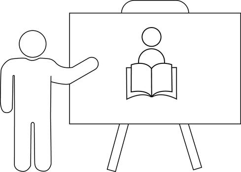 Line art of a person presenting a whiteboard with an icon of a person reading a book vector