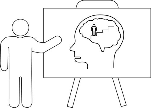 Presenter gestures to easel displaying profile with brain and figure climbing stairs vector