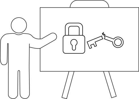 un persona puntos a un pizarron demostración un candado y roto llave vector