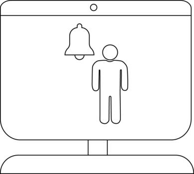 Outline drawing of a computer monitor with a bell and a person icon displayed on the screen vector