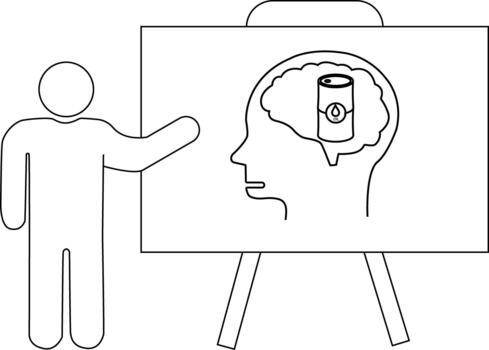 un simplificado humano figura señalando a un pizarron con un cabeza conteniendo un lata de petróleo vector