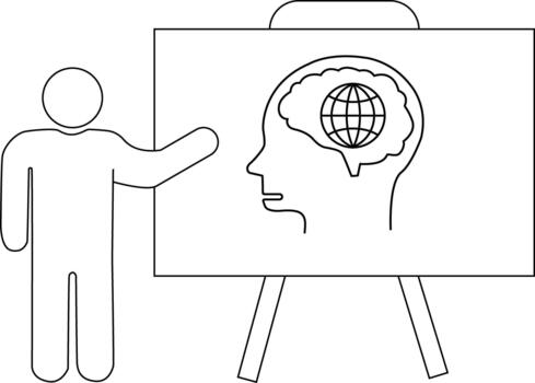 Line drawing stick figure pointing to an easel with a profile head drawing with a globe brain inside the head vector