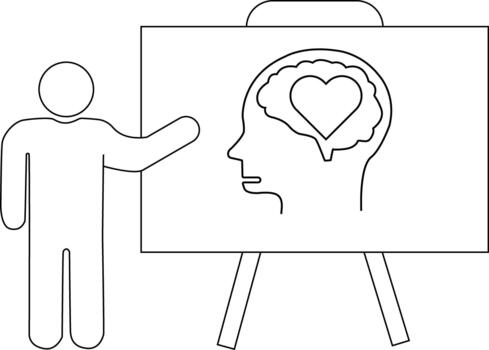 contorno representa figura gesticulando hacia un tablero demostración cabeza con corazón en cerebro conjunto en caballete vector