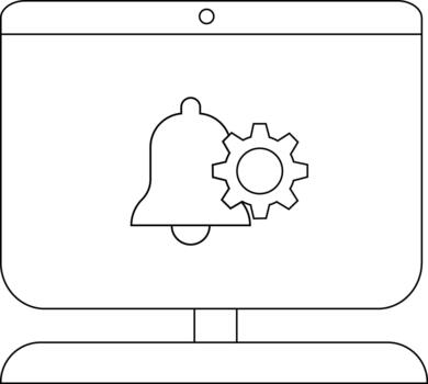 A monitor displays a bell and gear icon centered on the screen above a stand vector