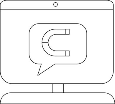 A monitor displays a speech bubble containing a magnet The style is linear and simple vector