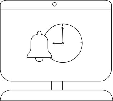 A line drawing of a computer monitor displaying a bell and clock indicating reminders or notifications vector