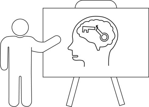 Cartoon image of a stick figure giving a presentation of a brain with a key inside vector