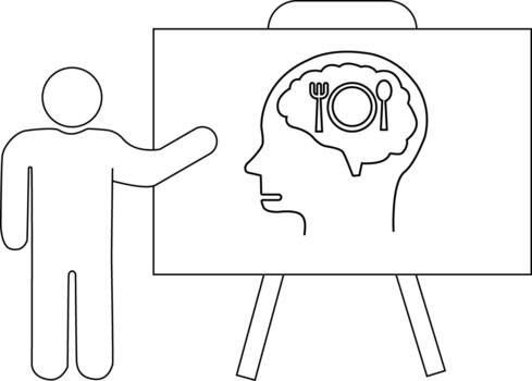 Presentation board showing head with plate fork spoon inside brain person beside pointing vector