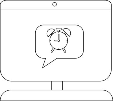 Line art of a computer monitor displaying an alarm clock inside a speech bubble vector