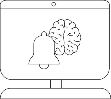 línea Arte muestra un monitor con un campana intersectando un cerebro sugerencia tecnología inteligencia y recordatorios vector