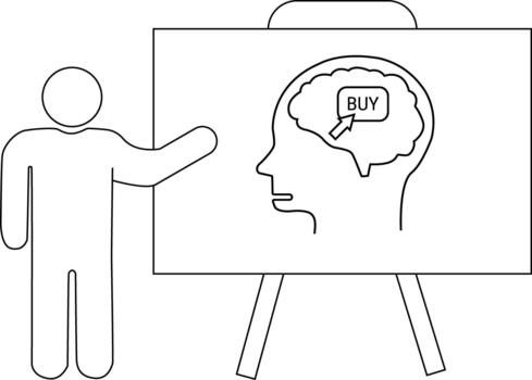 A figure stands next to an easel showing a head with a brain thinking Buy vector