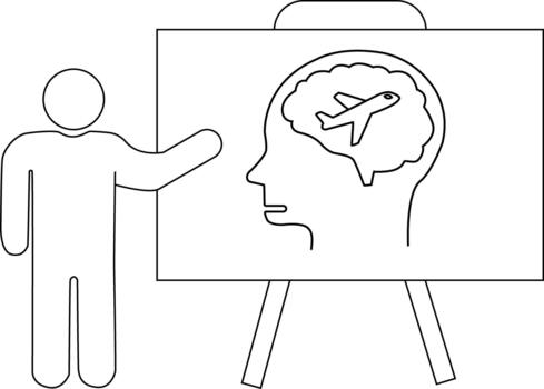 Line drawing shows a figure presenting a head with an airplane in the brain on an easel vector