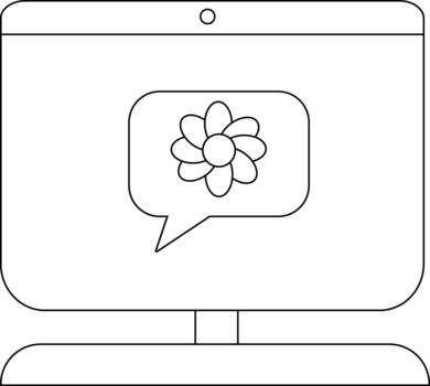 Black and white line drawing of a computer monitor with a flower in a speech bubble on the screen vector