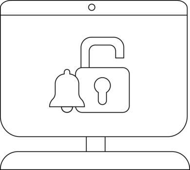 Computer monitor displaying an open padlock and bell icon on its screen vector
