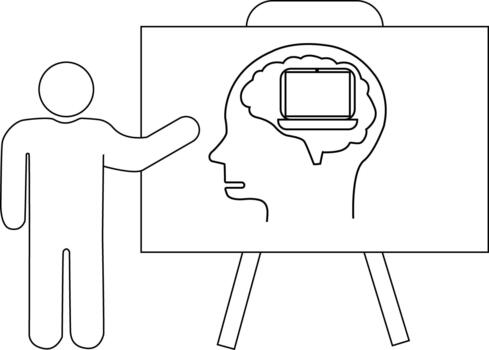 Presenter points to head with laptopbrain drawing on an easel Stick figure presents info vector