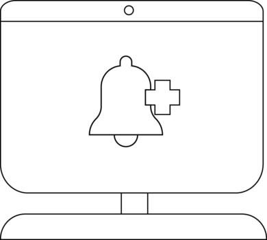 Computer monitor displaying a bell icon with a plus symbol on screen vector