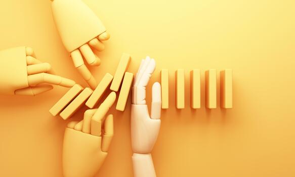 Multiple hands work together to stop falling dominoes, representing teamwork, prevention, and collective protection through smart insurance solutions. 3d rendering. photo