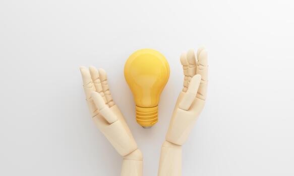 Hands supporting a yellow light bulb on white background reflect confidence in an idea strategic thinking and creativity transforming imagination into business achievement. 3d rendering. photo