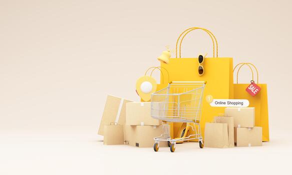 Shopping bags sale label boxes and cart symbolize online marketplace services that handle ordering packing and delivery making home shopping simple and efficient. 3d rendering. photo