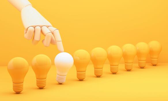 Multiple yellow bulbs line up while a hand touches a white bulb suggesting a standout creative idea that rises above ordinary solutions toward future success. 3d rendering. photo