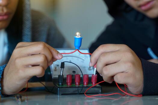 Students' hands working on a simple electrical circuit with a lit bulb and multimeter. Science education, STEM, and hands-on learning. photo