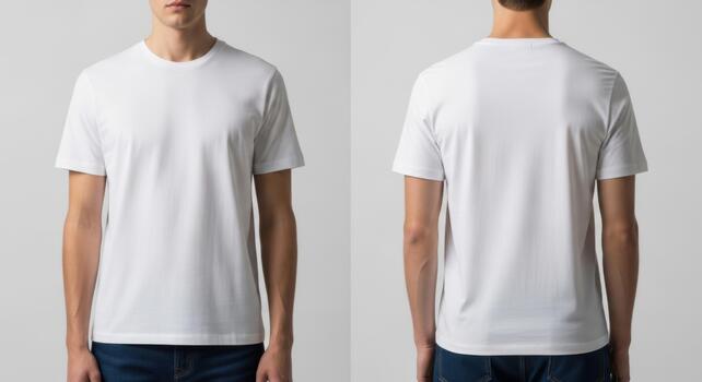 Front and back view of a blank white crew neck t-shirt worn by a person, ideal for apparel design mockups, brand presentations, and customizable product templates on a neutral studio background photo