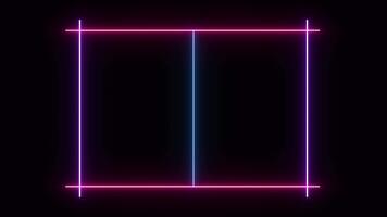 neon lysande balkar form en ljus fyrkant ram i de på en mörk bakgrund. de rader separat, bygga ut utåt, och Börja till blixt rytmiskt, skapande en trogen sci-fi ljus effekt. video