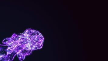 resumen 3d animación de brillante púrpura y azul partículas formando fluido movimiento y energía fluir en oscuro espacio. futurista digital antecedentes. datos corriente video