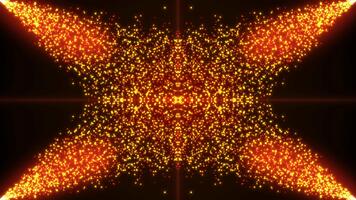 abstract 3d animatie van gloeiend oranje en geel deeltjes vormen een symmetrisch caleidoscoop patroon. dynamisch vurig energie stromen achtergrond. technologie, futuristisch, digitaal animatie . video