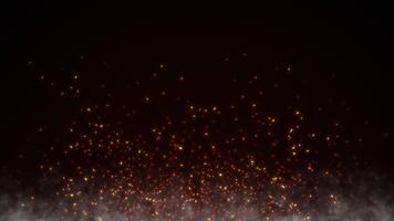 Animated coal particles. Sparks of fire on a black background with realistic smoke. Glowing coals. Abstract particle background with animated moving glowing orange particles. eamless looping 4K video
