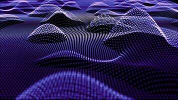 abstrato 3d animação do brilhando roxa partículas formando suave digital ondas. futurista dados panorama visualizando tecnologia, e rede conexões.fundos, Ciência. desatado looping 4k video