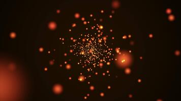 a abstrato animação do rodando, brilhando laranja e ouro partículas, criando uma dinâmico vórtice efeito. futurista, tecnológica, digital fundo. desatado looping 4k video