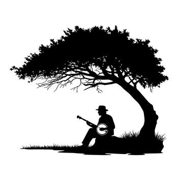 silueta de un hombre jugando un banjo debajo un grande árbol. vector