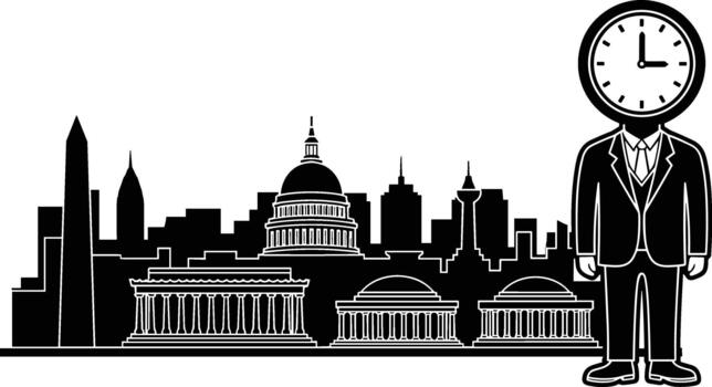 A man in a suit and tie is standing in front of a clock vector