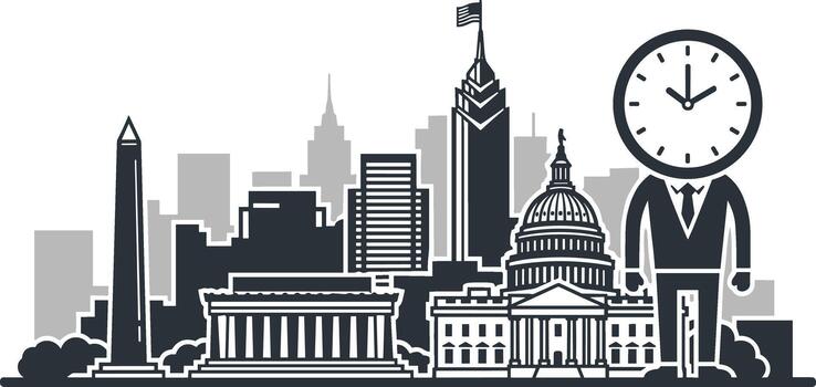 A man is standing in front of a clock with a city skyline in the background vector