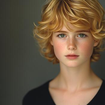 A charming child gazes with an engaging expression in soft light photo