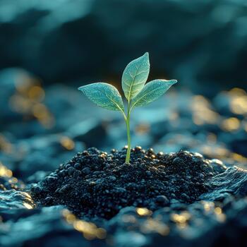A green sprout grows in wet soil, surrounded by dark stones and morning dew photo