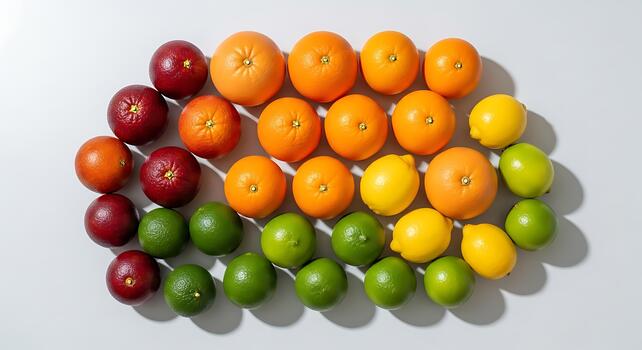 Vibrant array of fresh citrus fruits including red oranges grapefruits lemons and limes arranged on a clean white background photo