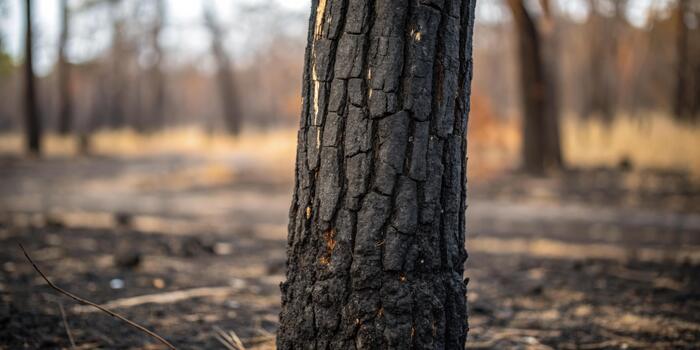 Sad burnt tree trunk in desolate forest after wildfire. tragic deforestation scene showing an environmental effect from climate change and reality of damage photo